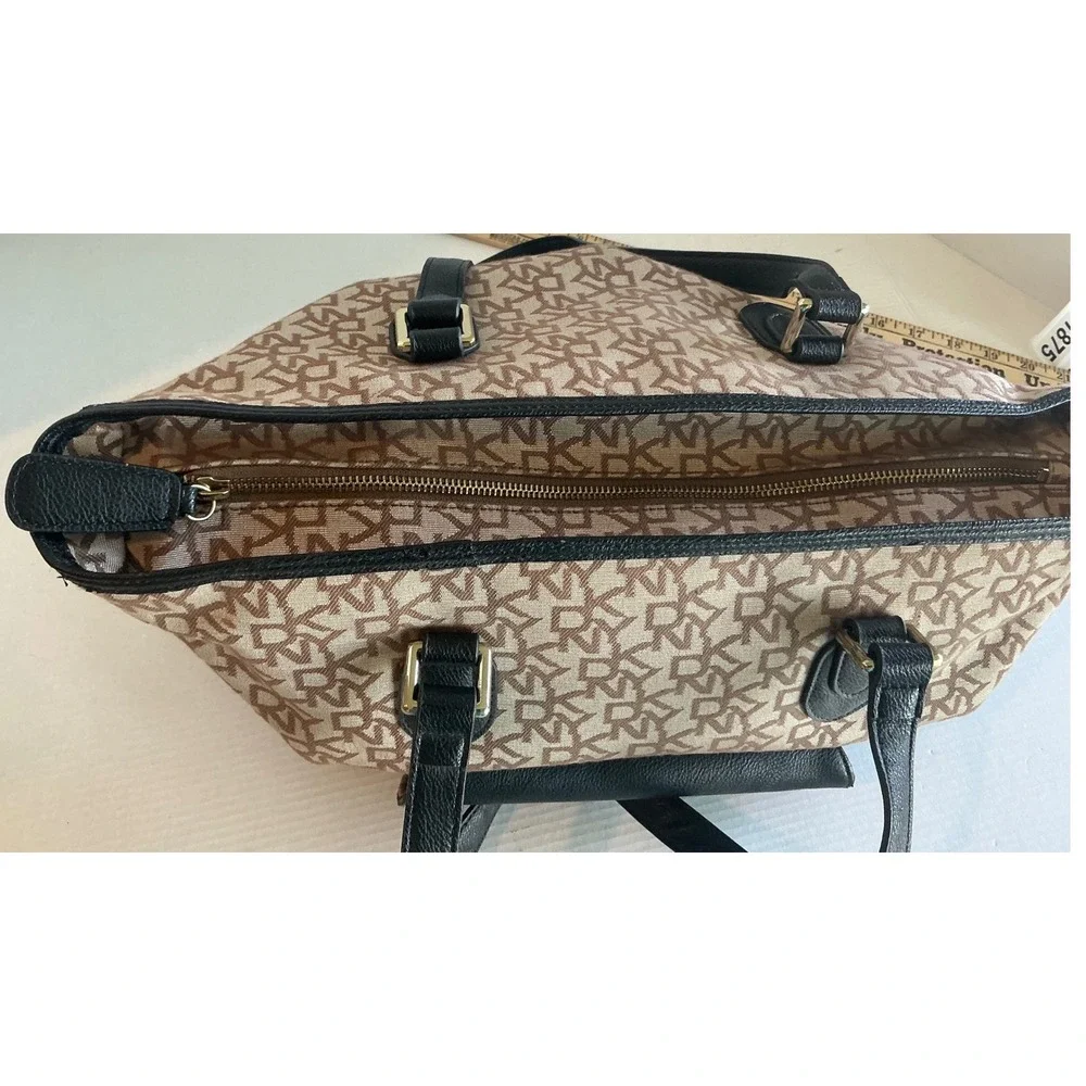 DKNY Tote Bag Monogram Logo Canvas Black Leather Trim Large Shoulder Bag Handbag